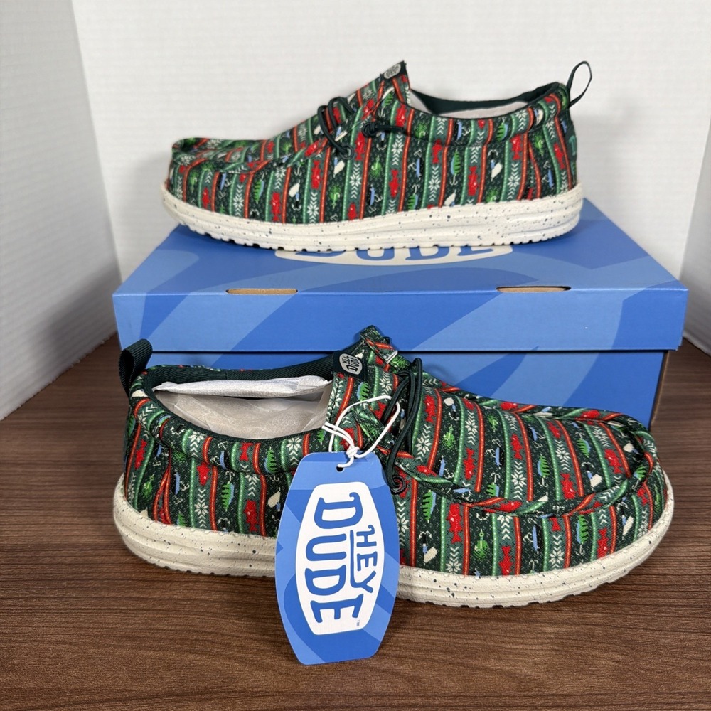 Hey Dude Men's Wally Fishmas Sweater Pine Green/Multi Shoes NIB! 2025 Sz Mens 10